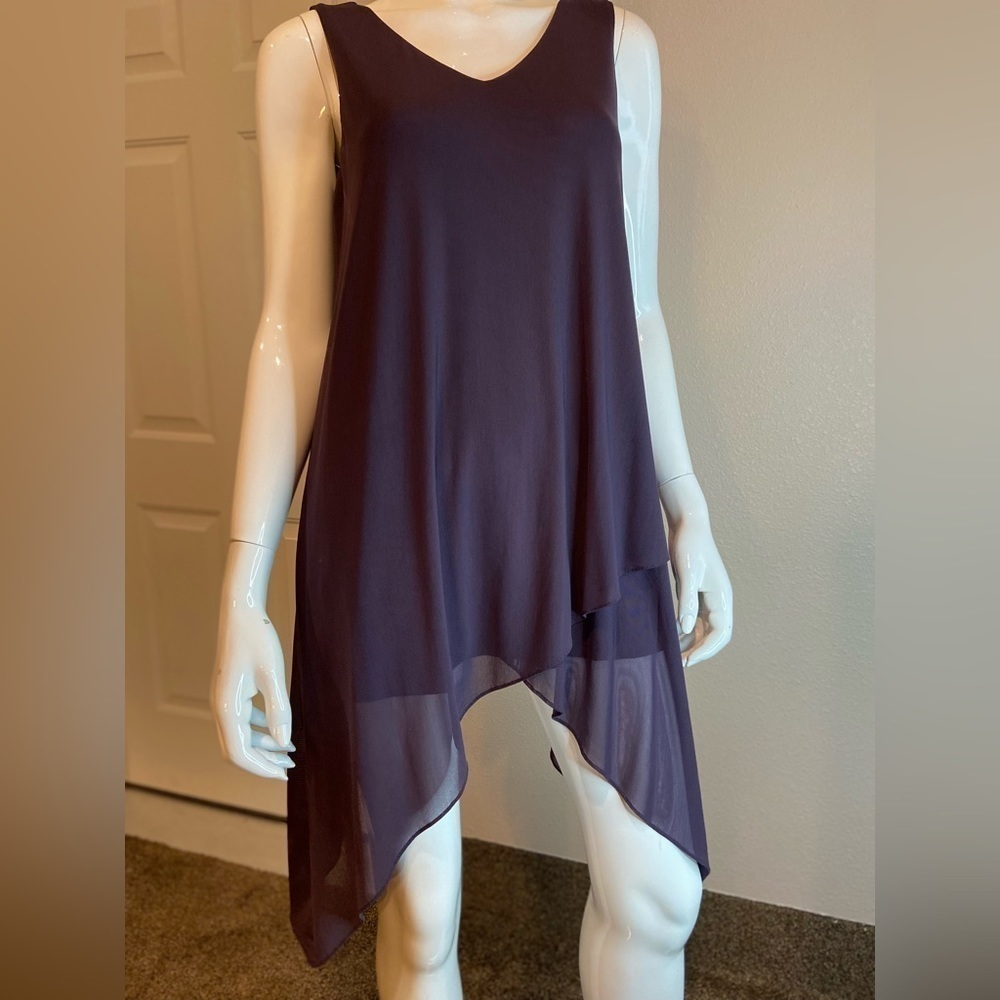 Soma~Dark Purple Mini Dress w/Sheer Shark Bite Hem Overlay~Sleeveless~Size M